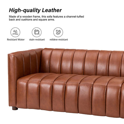 Mid-Century Modern Vertical Channel Tufted Leather Sofa on Solid Wood Frame