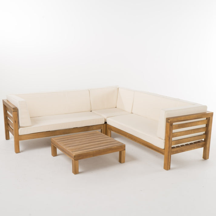 Wooden outdoor sofa set with beige cushions 