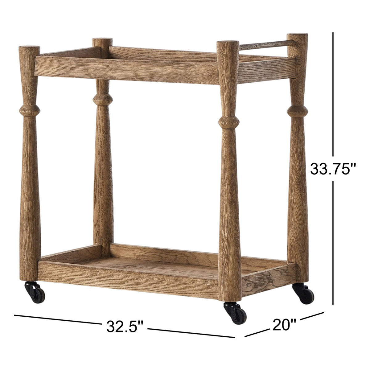 ADOUER WOOD Solid Wood  2-Tier Rolling Bar Cart with Spindle Legs and Locking Casters