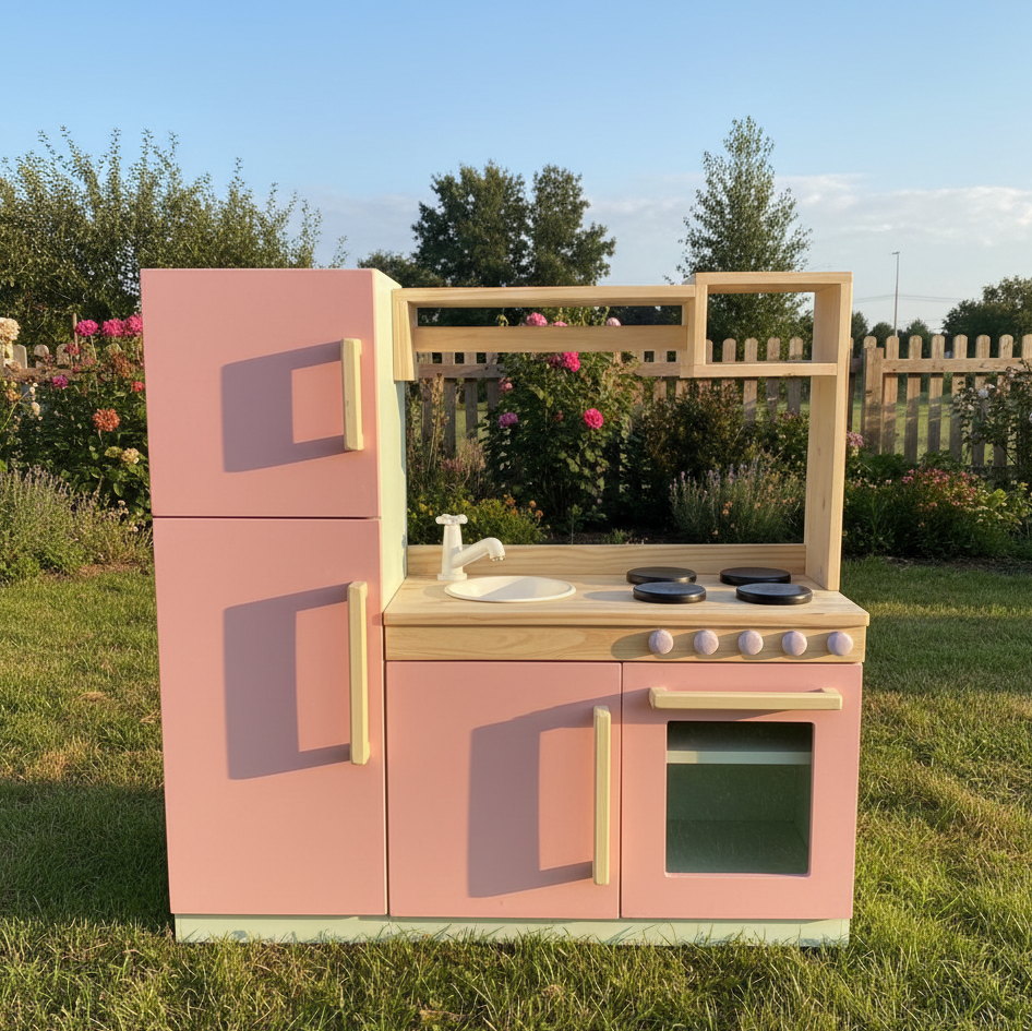 Premium Wooden Kids Play Kitchen Set – All-in-One Toy Kitchen with Fridge, Oven, Sink & Stove – Pastel Pink & Natural Wood Montessori Toy
