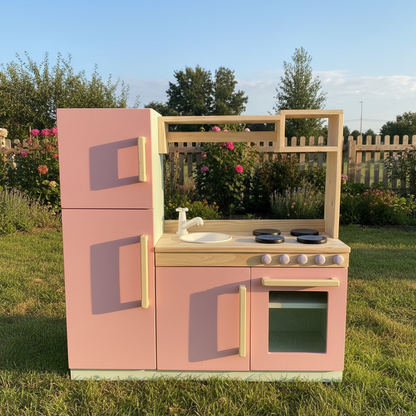 Premium Wooden Kids Play Kitchen Set – All-in-One Toy Kitchen with Fridge, Oven, Sink & Stove – Pastel Pink & Natural Wood Montessori Toy
