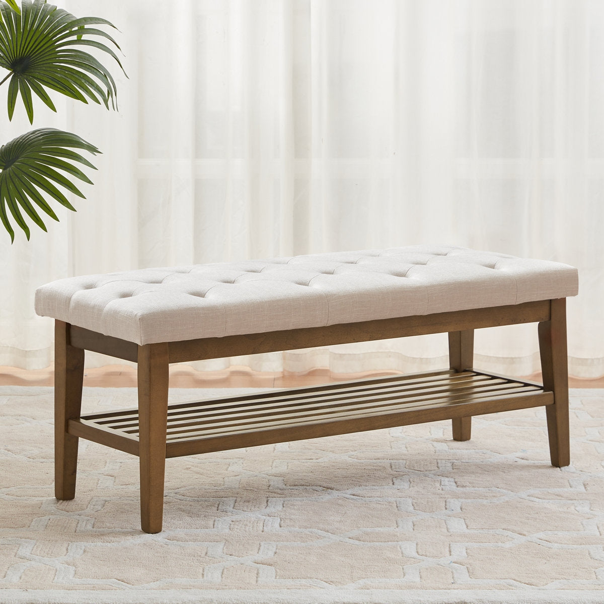 Zen-Inspired Solid Wood Upholstered Bench with Seamless Storage Compartment
