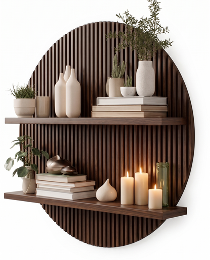 ADOUER WOOD Modern Circular Fluted Wood Wall Decor – 2-Tier Floating Shelf