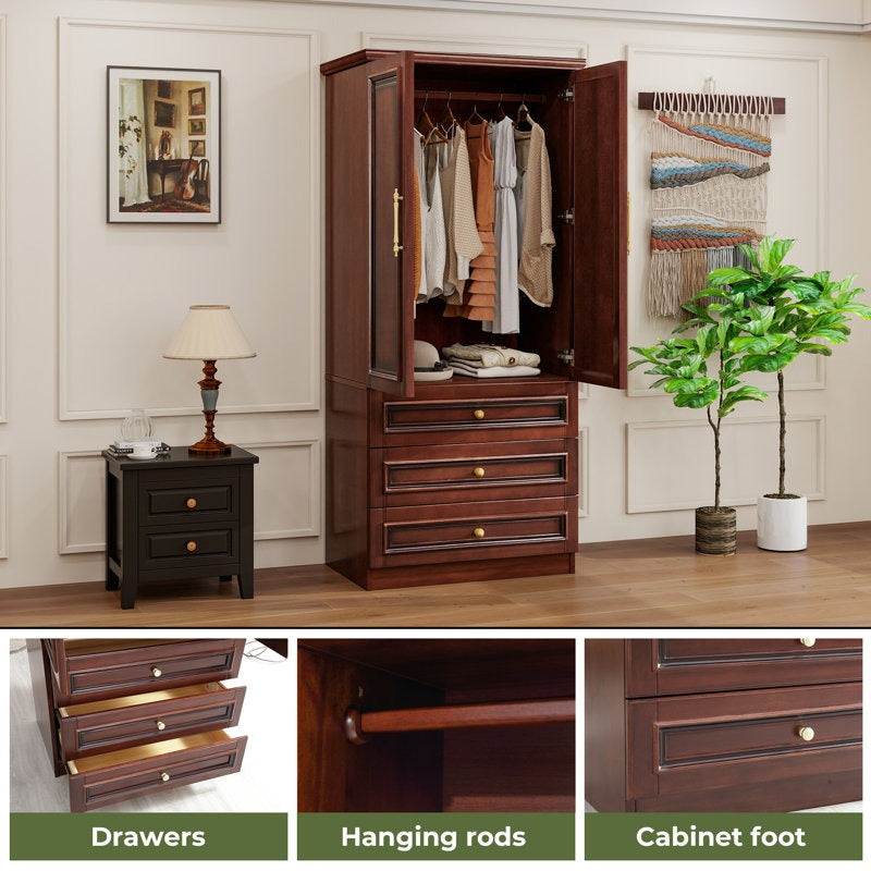ADOUER WOOD Solid Wood 2-Door Wardrobe – Elegant with 3 Deep Storage Drawers – Traditional Bedroom Almirah with Gold-Tone Hardware