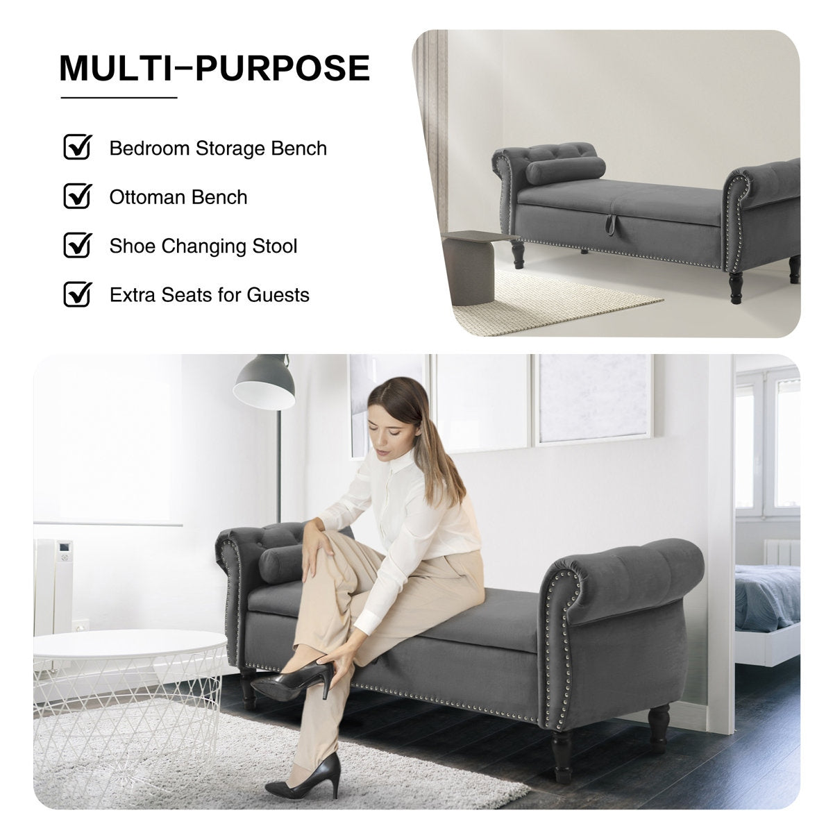 Glam Tufted Velvet Chaise Lounge Bench with Storage Box