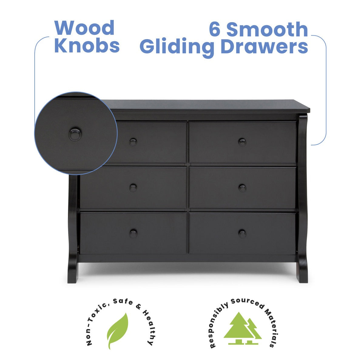 Adouer Wood Classic 6-Drawer Sleigh Kids' Chest Of Drawers – Matte Black Finish