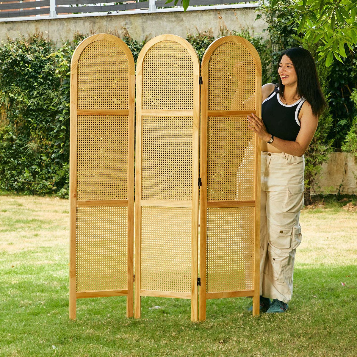 ADOUER WOOD Arched 3-Panel Solid Wood & Rattan Room Divider