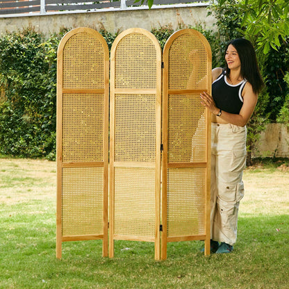 ADOUER WOOD Arched 3-Panel Solid Wood & Rattan Room Divider