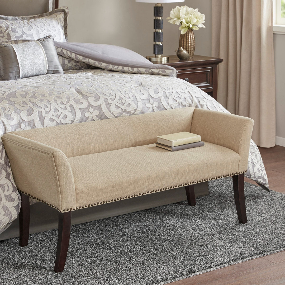 Adouer Wood Solid Sheesham Upholstered Bed Bench with Nailhead Trim