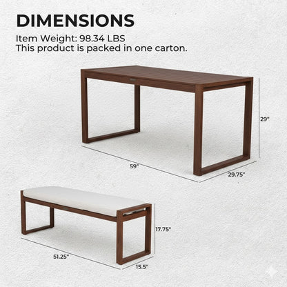 Contemporary Solid Wood Outdoor Dining Suite: Slat-Top Table with Integrated Bench Seating