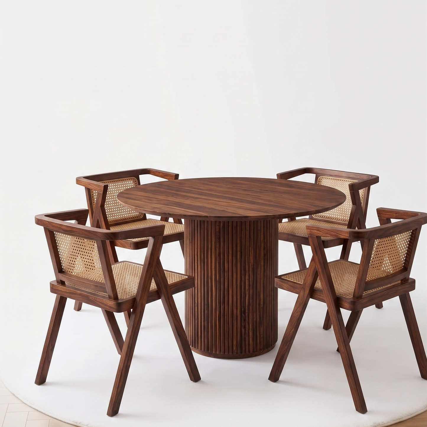 ADOUER WOOD Japandi Round Wooden Dining Table with Ribbed Pedestal Base and Natural Rattan Rattan/Cane Accent Chairs