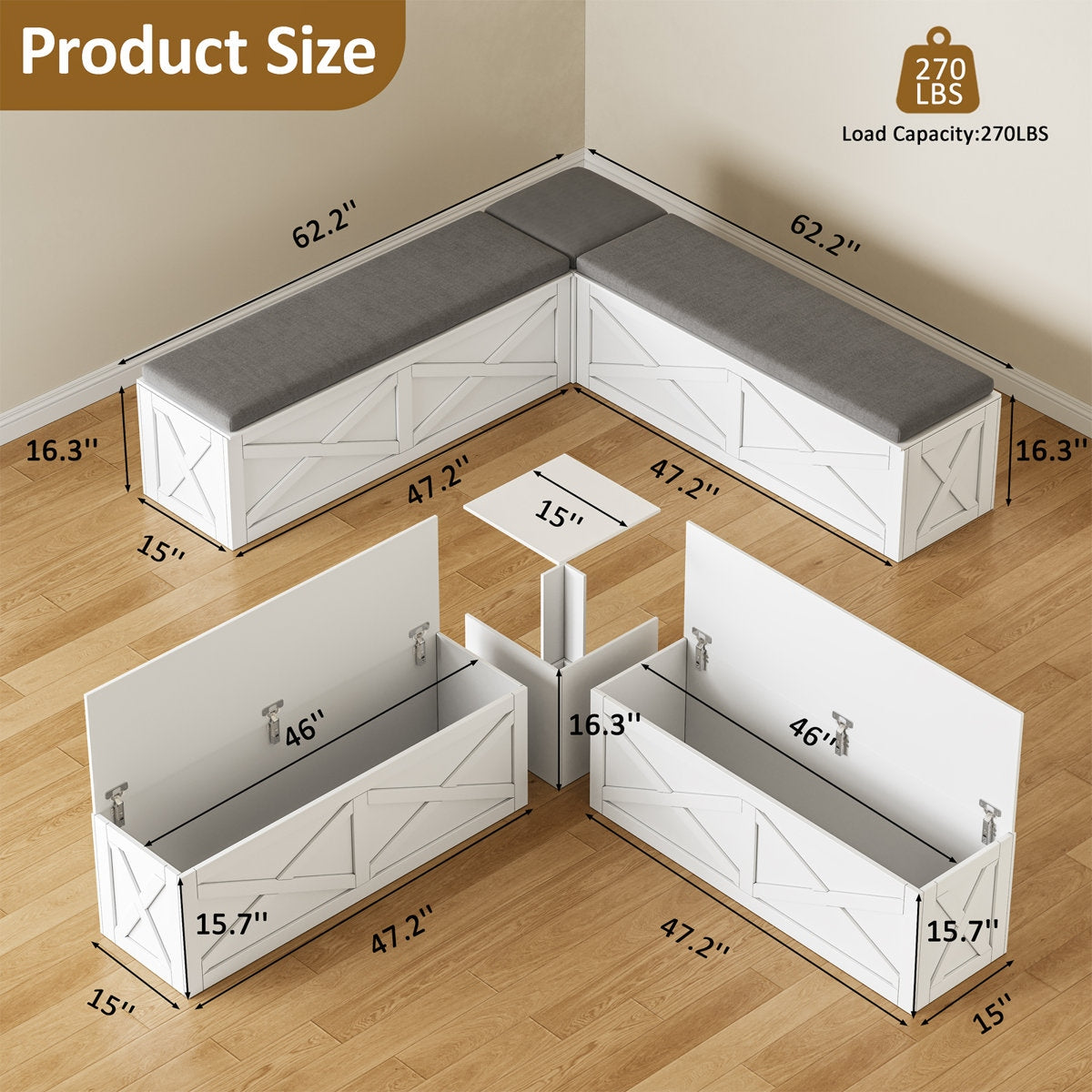Adouer Wood Solid Wood L-Shape Corner Storage Bench with Upholstered Seating