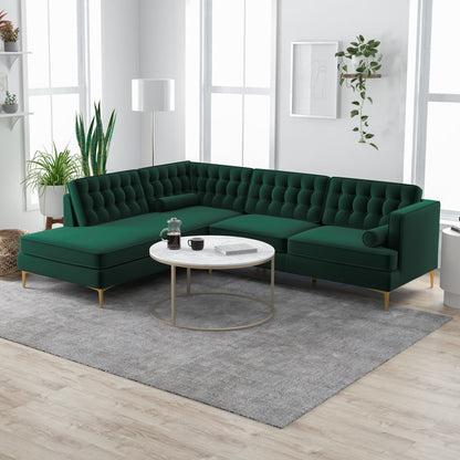 Emerald Green Velvet Tufted L-Shape Sectional 4 Seater Sofa