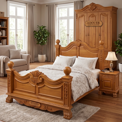 Adouer Wood Royal Solid Wood King Bed | Premium Teak Finish