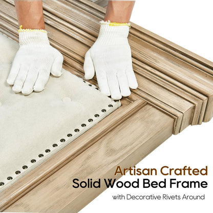 Adouer Wood Solid Wood King Size Bed with Tufted Fabric Headboard & Natural Grain Finish