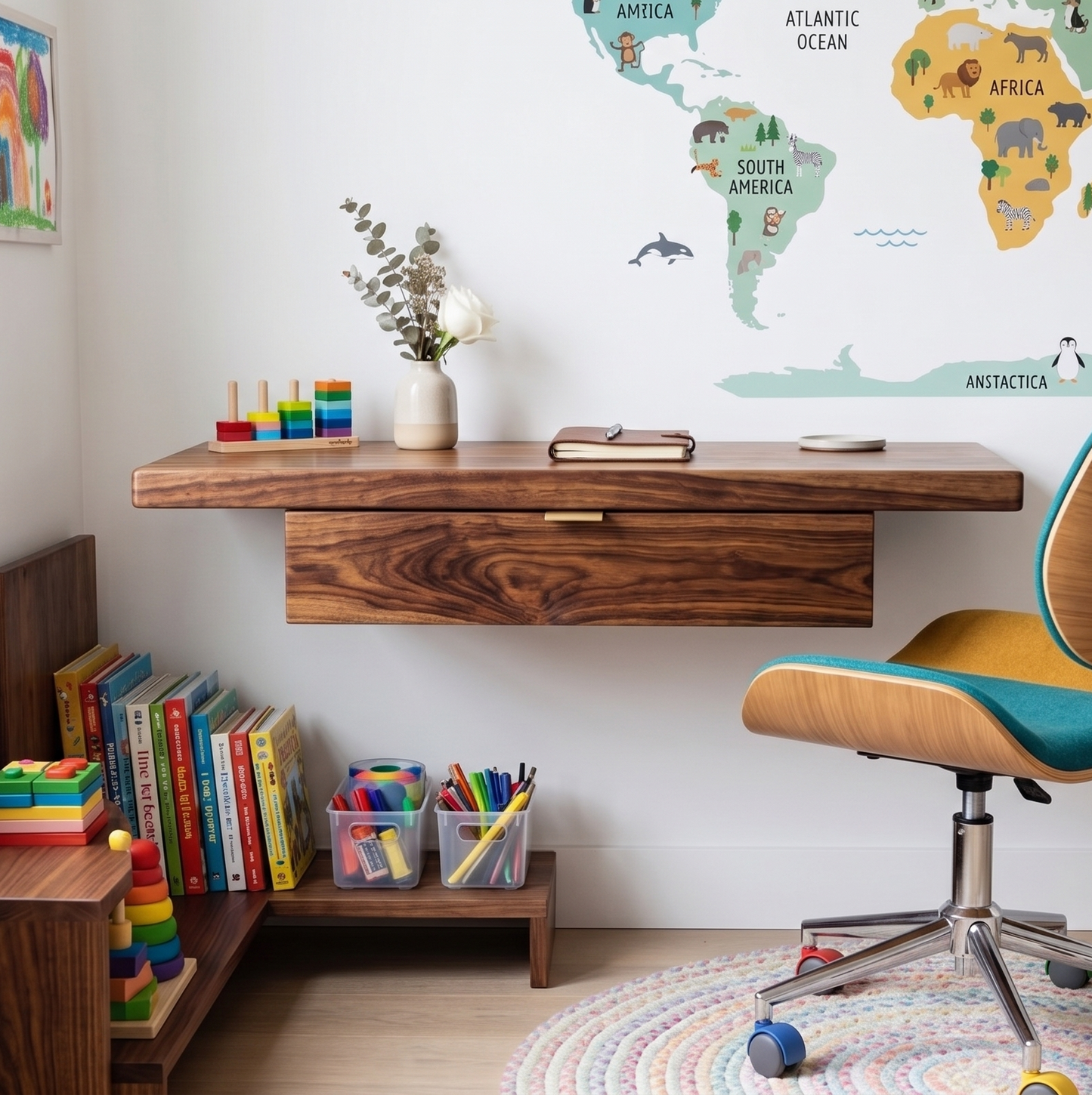 Adouer Wood The Mid-Century Modern Solid Wood Floating Console & Writer's Desk