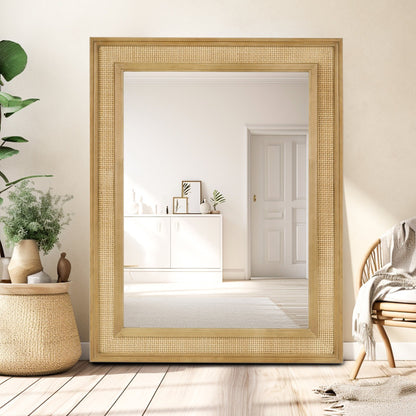 Natural Wood Rattan Mirror Farmhouse Wall Decoration
