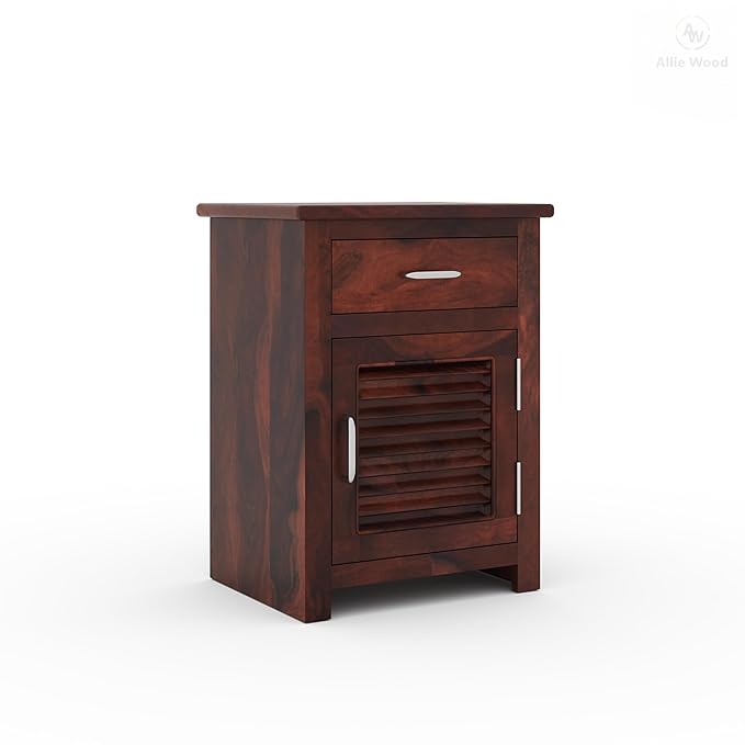 Sheesham Bedroom Side End Table with 1 Premium Metal Channeled Drawer and Door Storage for Living Room