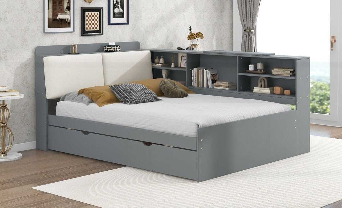Modern Solid Wood Trundle Bed with Built-In Bookshelf Headboard & Pull-Out Storage Bed