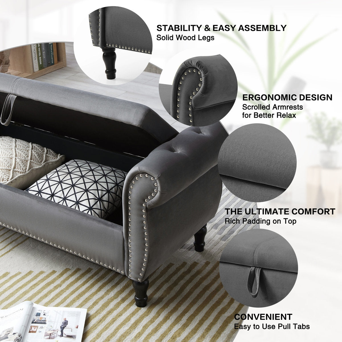 Glam Tufted Velvet Chaise Lounge Bench with Storage Box