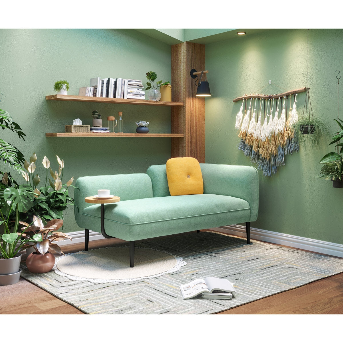 Compact Aqua Linen Sofa with Stylish Rounded Arms and Acacia Wood Frame