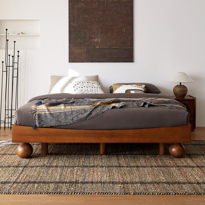 Japanese Style Low Platform Bed: Honey Acacia Wood with Distinct Spherical Legs
