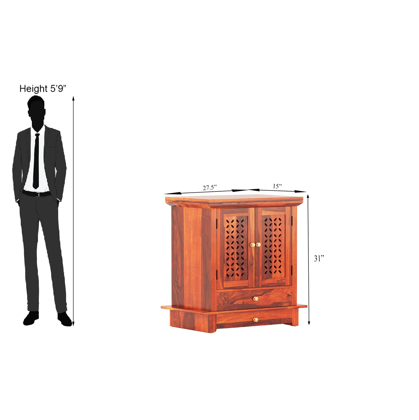 ADOUER WOOD 31'' Sheesham Wood Hand Double Drawers And 2 Door Pooja Mandir (Honey)