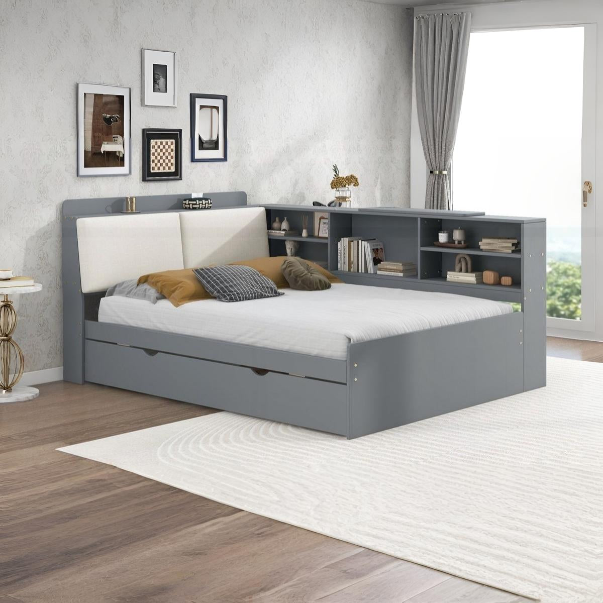 Modern Solid Wood Trundle Bed with Built-In Bookshelf Headboard & Pull-Out Storage Bed