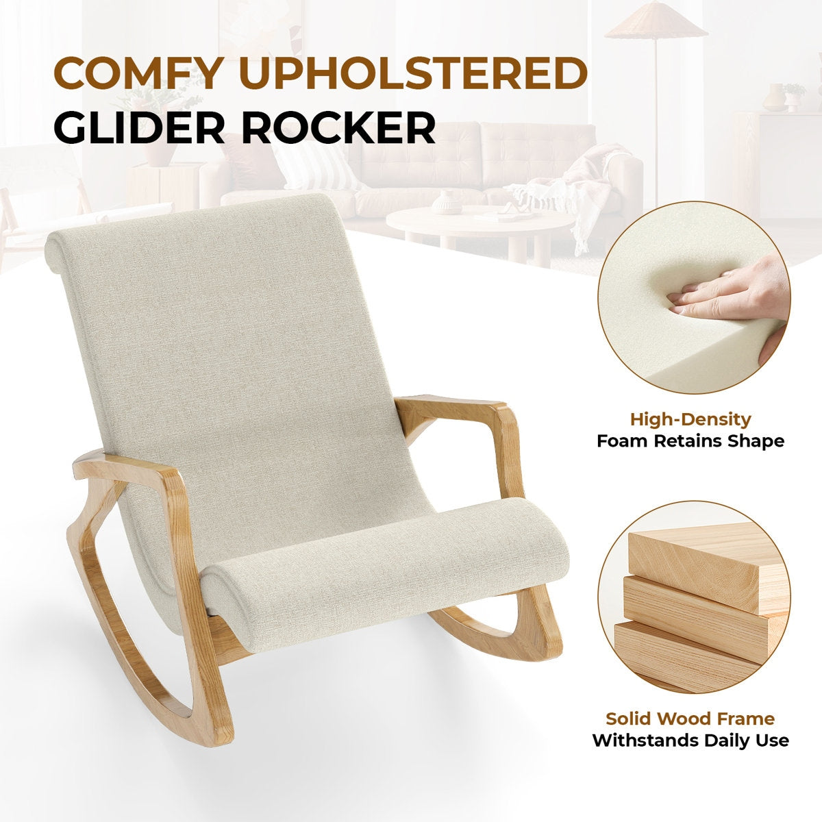 Solid Acacia Wood Rocker & Cotton Footstool Set for Living Room