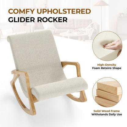 Solid Acacia Wood Rocker & Cotton Footstool Set for Living Room