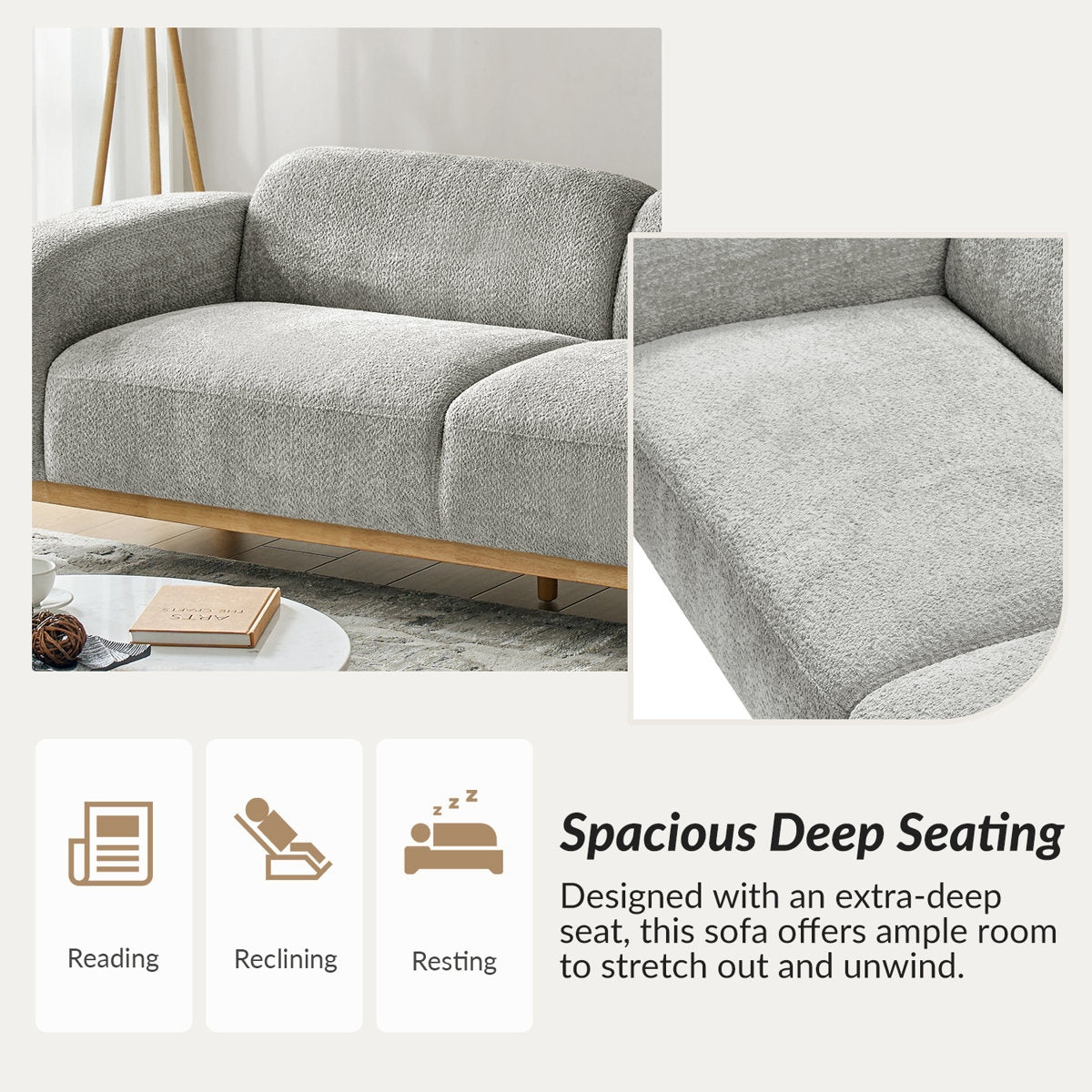 Modern Comfort Boucle 3 Seater Sofa with Natural Acacia Wood Frame