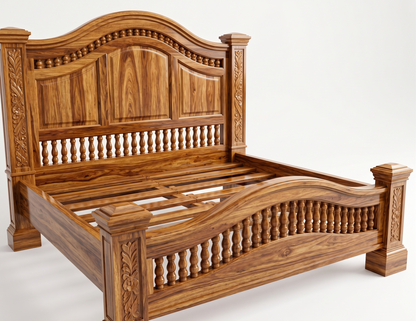 ADOUER WOOD Solid Sheesham Wood King Size Bed with Carved Headboard
