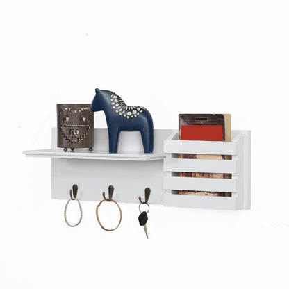 Wall-Mounted Key Holder Entryway Organizer – Floating Shelf with 3 Antique Key Hooks & Integrated Mail Sorter