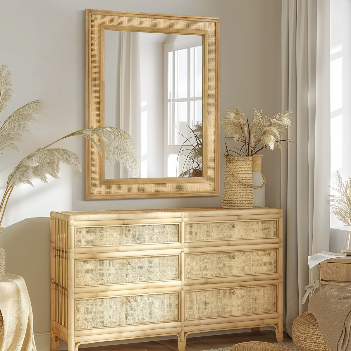 Natural Wood Rattan Mirror Farmhouse Wall Decoration