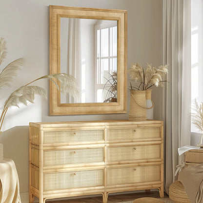 Natural Wood Rattan Mirror Farmhouse Wall Decoration