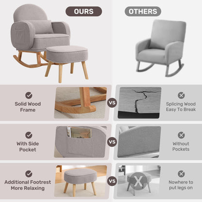 Modern Grey Boucle Rocking Chair and Ottoman with Natural Wood Accents