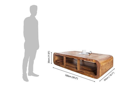 Organic Modern Sheesham Wood Coffee Table with Curved Ends and Open Compartment Storage