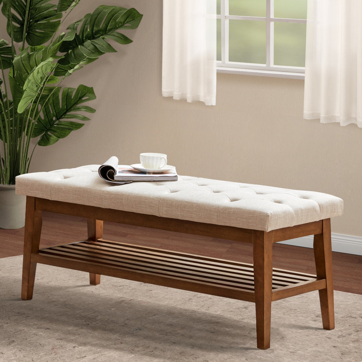 Zen-Inspired Solid Wood Upholstered Bench with Seamless Storage Compartment