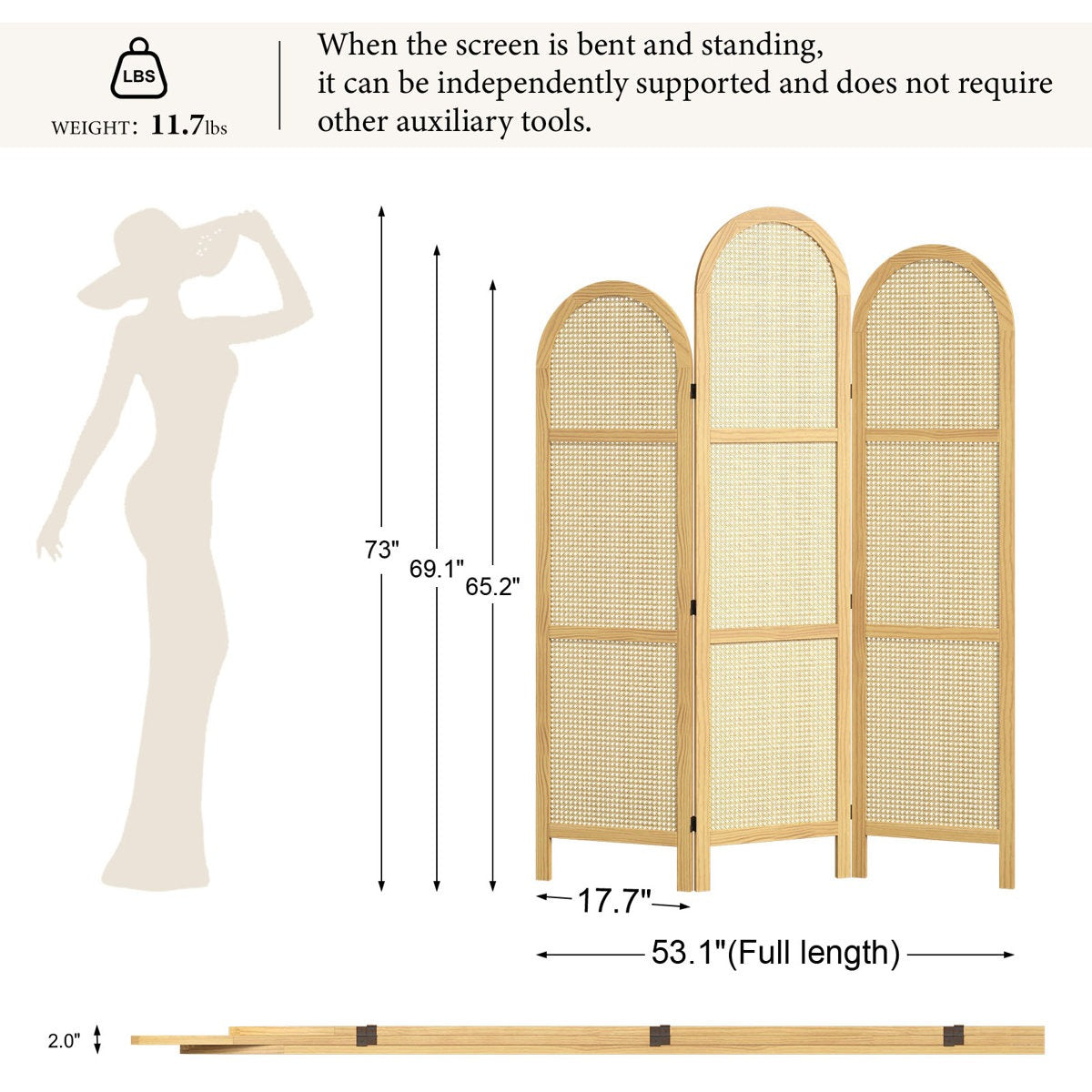 ADOUER WOOD Handcrafted Arched 3-Panel Room Divider with Natural Cane Webbing