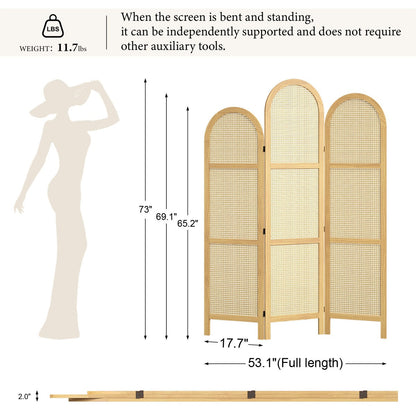 ADOUER WOOD Handcrafted Arched 3-Panel Room Divider with Natural Cane Webbing