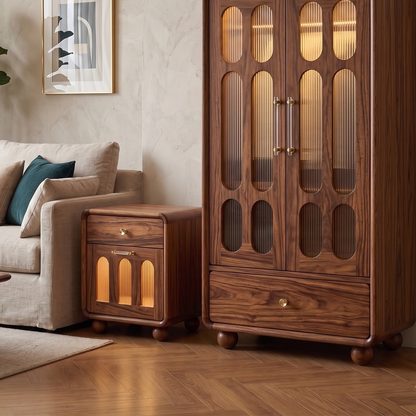 Adouer Wood Solid Sheesham Wood Bedside Table with Drawer and Fluted Acrylic Glass Door