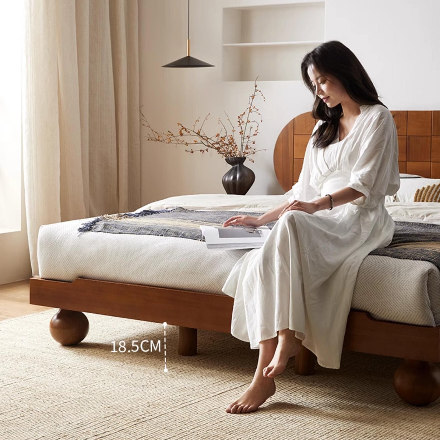 Light Walnut Sheesham Low Platform Bed with Sculptural Spherical Legs