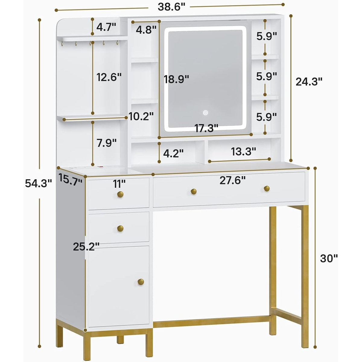 Premium Solid Wood Dressing Table featuring Multi-Tier Shelving and Smart LED Square Mirror