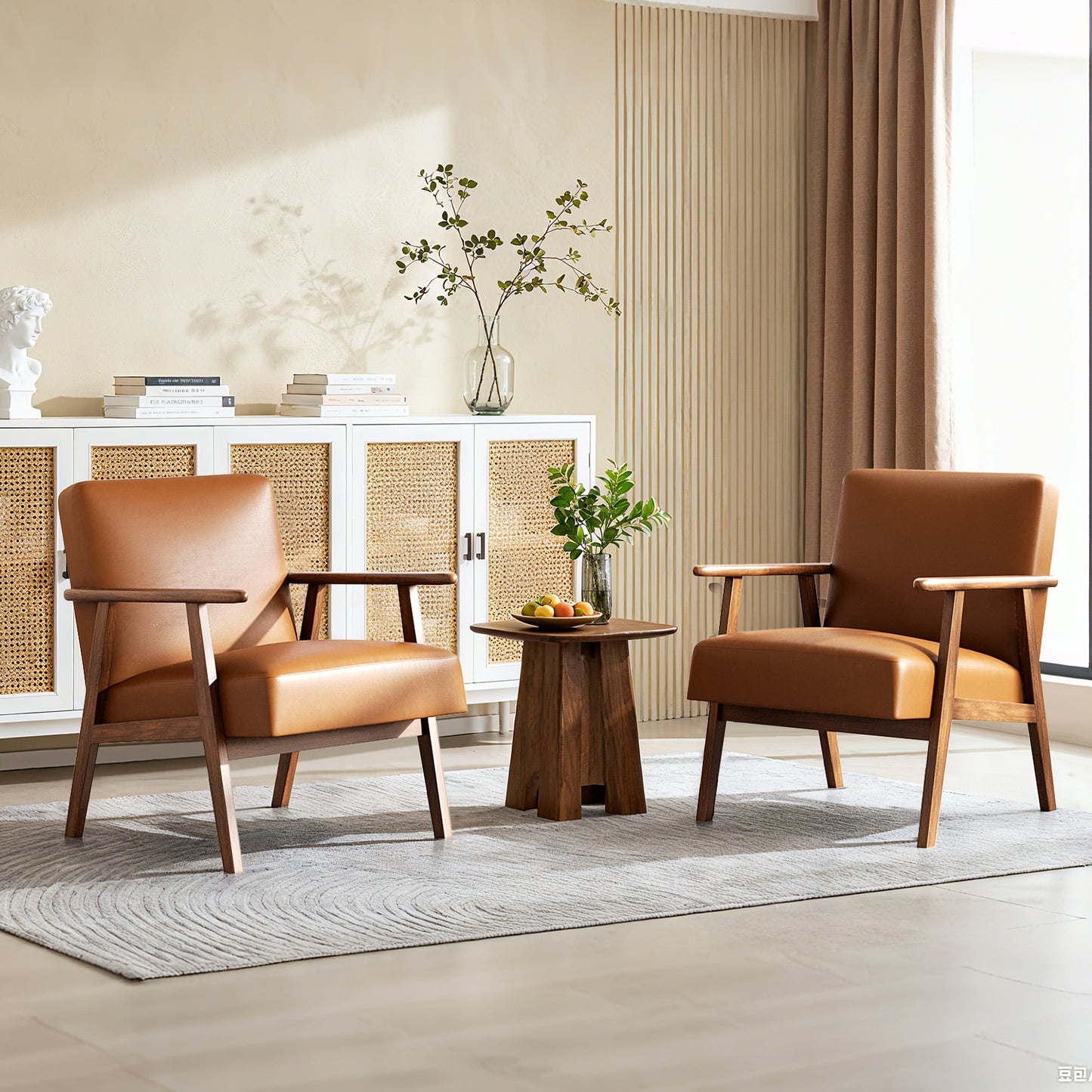 Acacia Wood Frame Lounge Chair with Button-Tufted Black Faux Leather