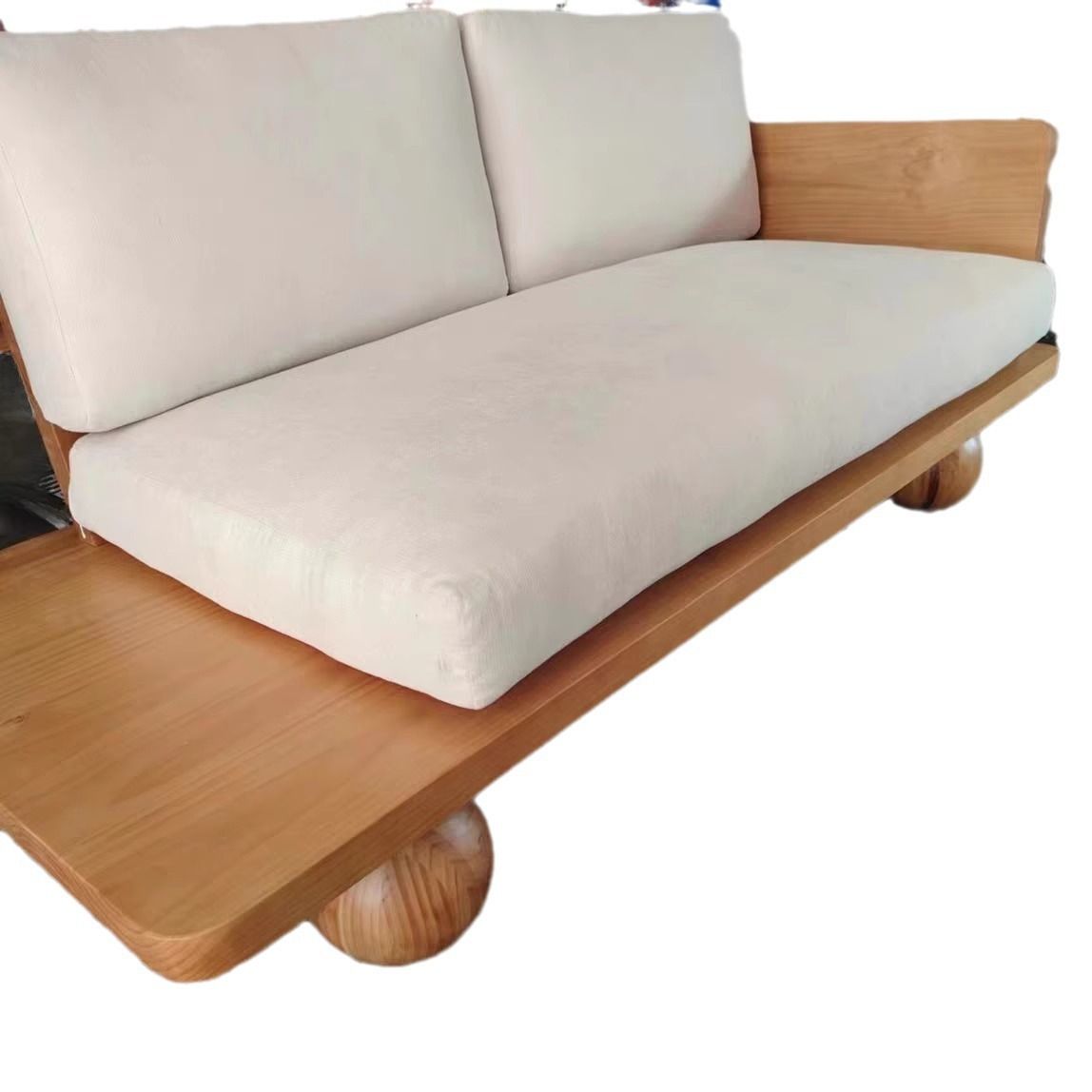 Adouer Wood Handcrafted Acacia Wood 3 Seater Cotton Fabric Sofa in Natural Shade