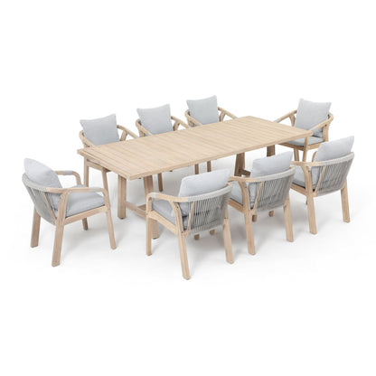 ADOUER WOOD Solid Acacia Wood 8-Seater Outdoor Dining Set with Weather-Resistant Grey Cushions Exterior PU Finish