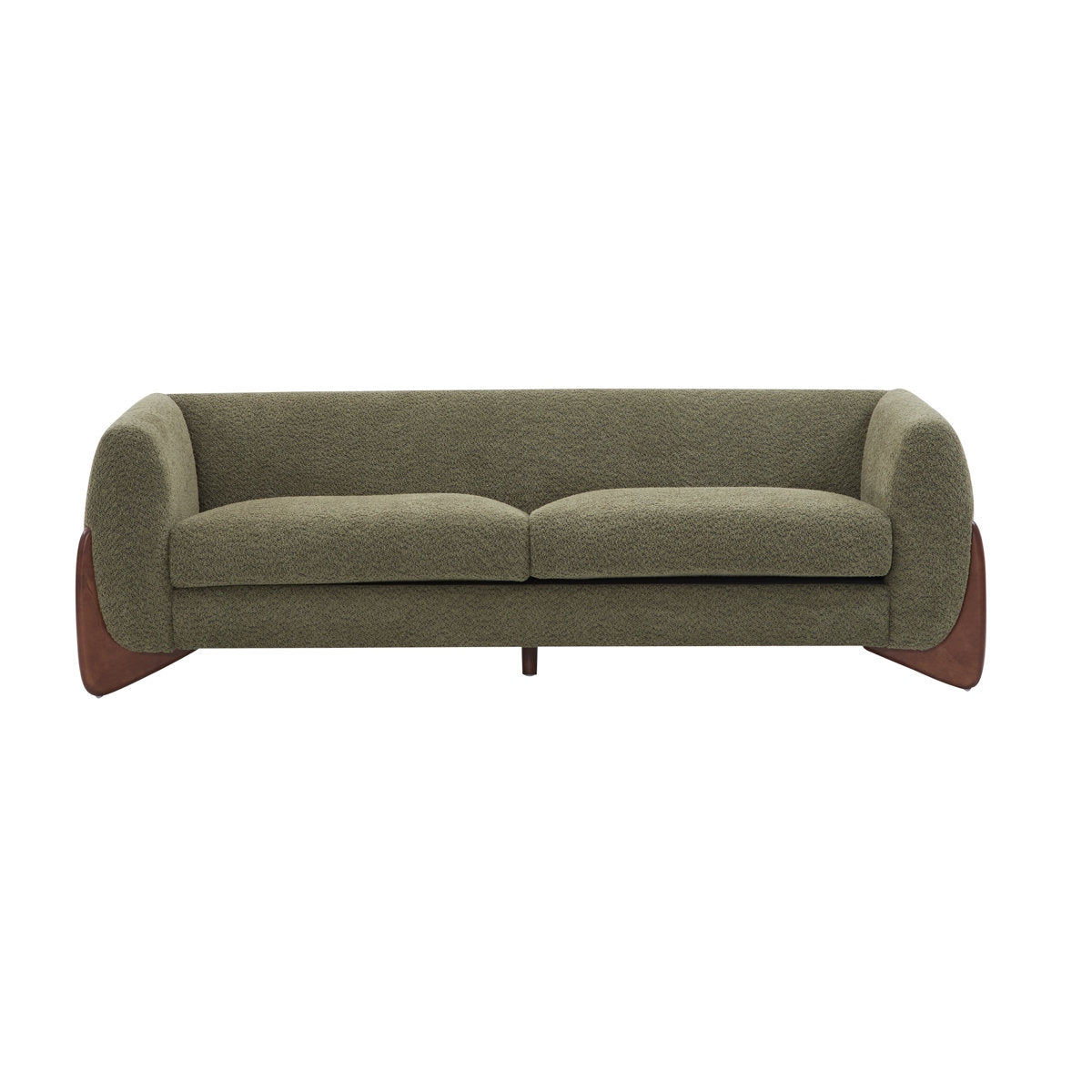 Elegant Boucle Sofa with Curved Sheesham Base