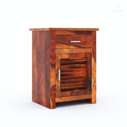 Sheesham Bedroom Side End Table with 1 Premium Metal Channeled Drawer and Door Storage for Living Room