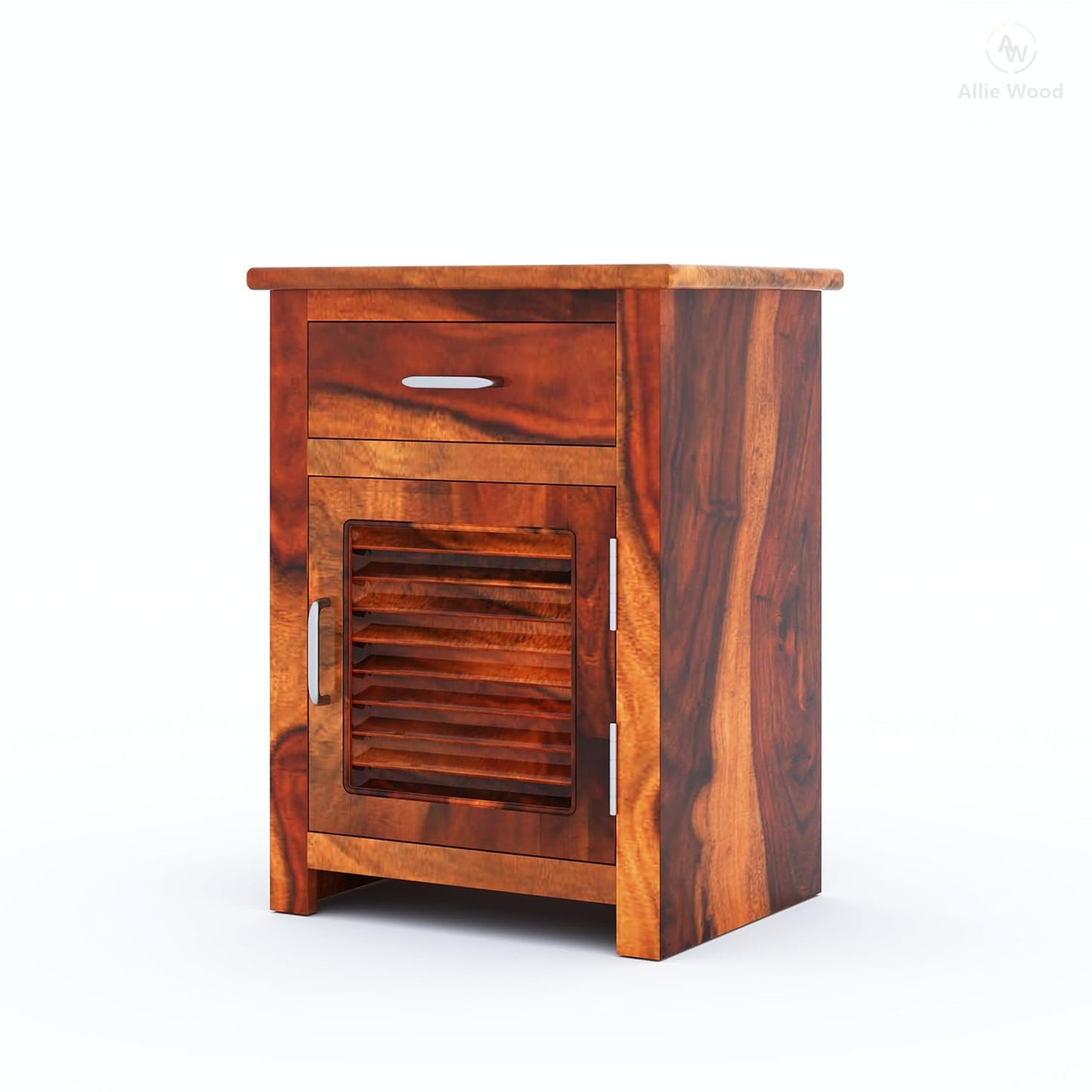 Sheesham Bedroom Side End Table with 1 Premium Metal Channeled Drawer and Door Storage for Living Room