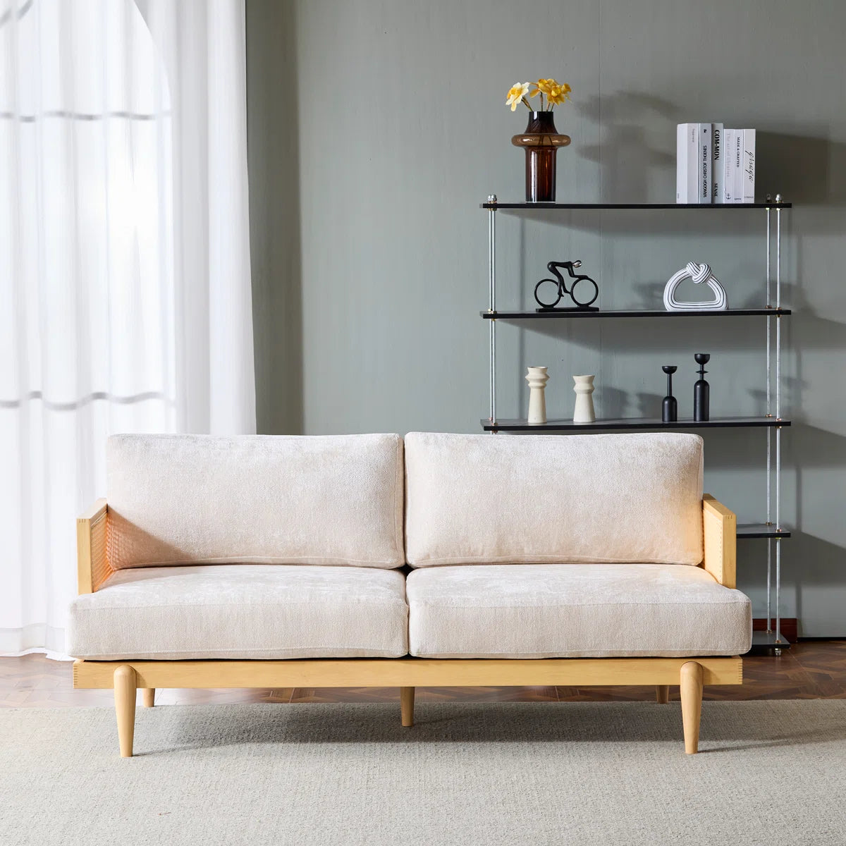 ADOUER WOOD Vintage Charm Wooden 3 Seater Sofa with Cane Sides